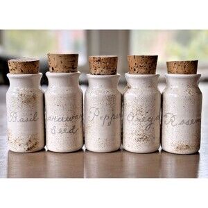 Spice Jars Set of 5 Stoneware Cork Top Pottery Beige Brown 3 3/4" tall Vintage